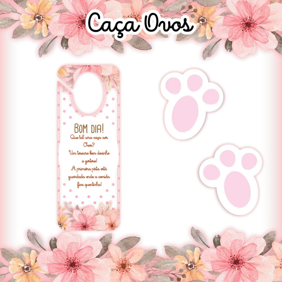 Kit Caça aos Ovos de Páscoa para Imprimir em PDF e PNG 3 Arte digital para caça aos ovos com placa de porta e pegadas rosa.