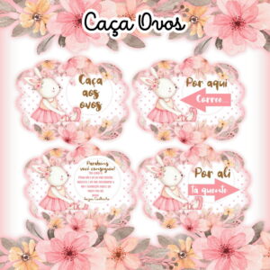 Quatro tags digitais de Páscoa com coelhinha e flores cor-de-rosa.
