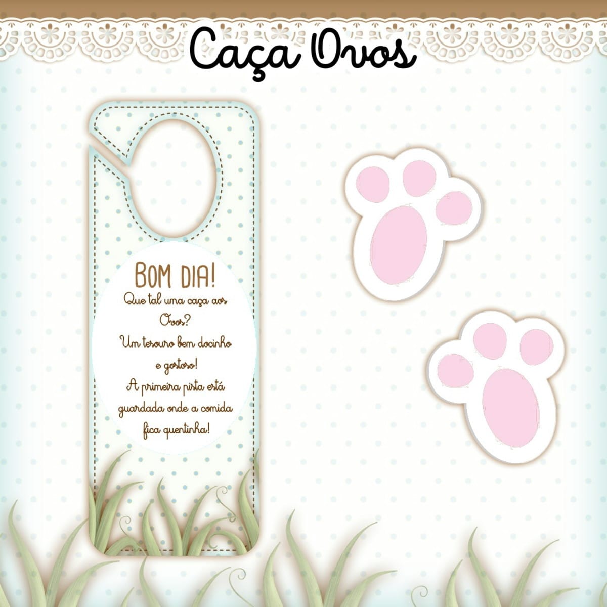 Kit Caça aos Ovos de Páscoa para Imprimir em PDF e PNG 4 Arte digital de caça aos ovos com cabide de porta e pegadas de coelho.