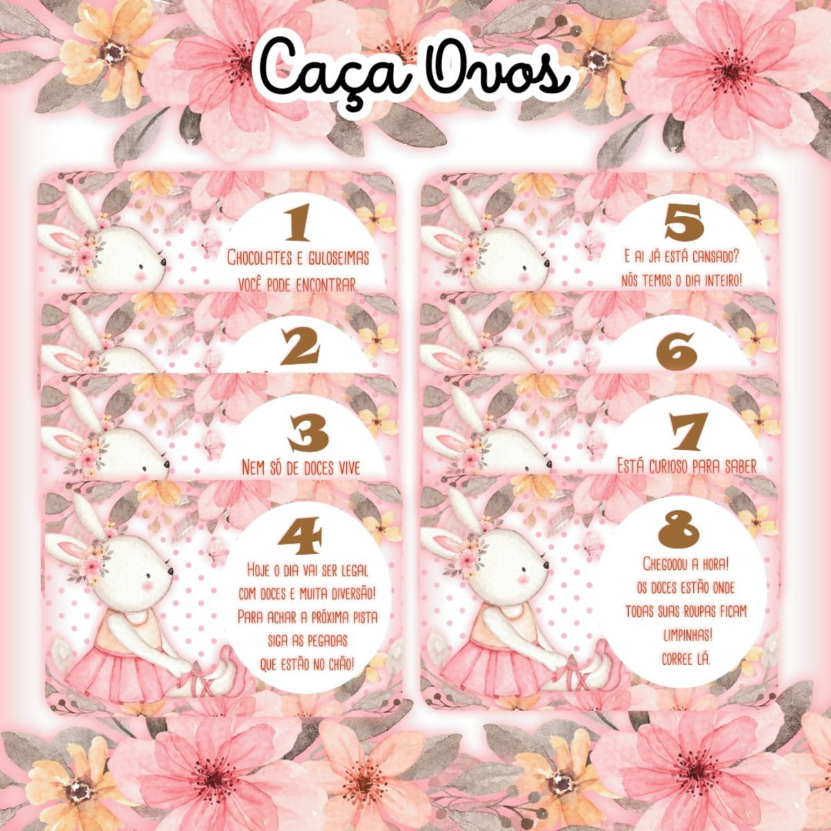 Kit Caça aos Ovos de Páscoa para Imprimir em PDF e PNG 5 Arte digital de cartões para Caça Ovos com coelhos e flores em tons pastel.