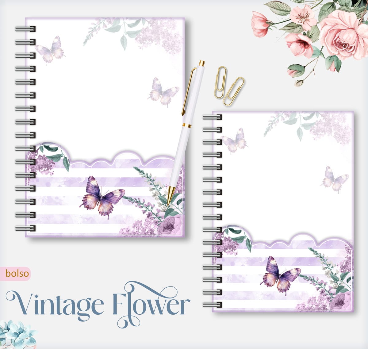 Kit Caderno Pautado Vintage Floral para Encadernação 2 Arte digital de cadernos espiralados com design floral lilás, borboletas e caneta.