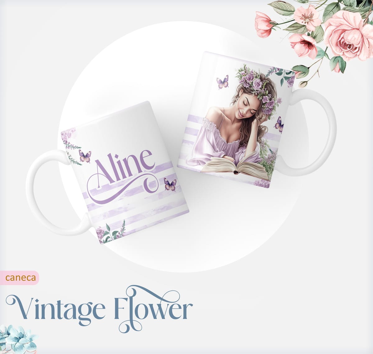 Kit Caderno Pautado Vintage Floral para Encadernação 3 Duas canecas brancas com arte digital de listras roxas, flores e borboletas.