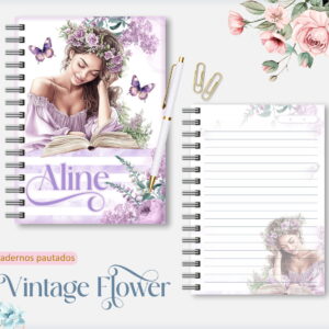 Arte digital de designs para cadernos com mulher, flores lilás e borboletas.