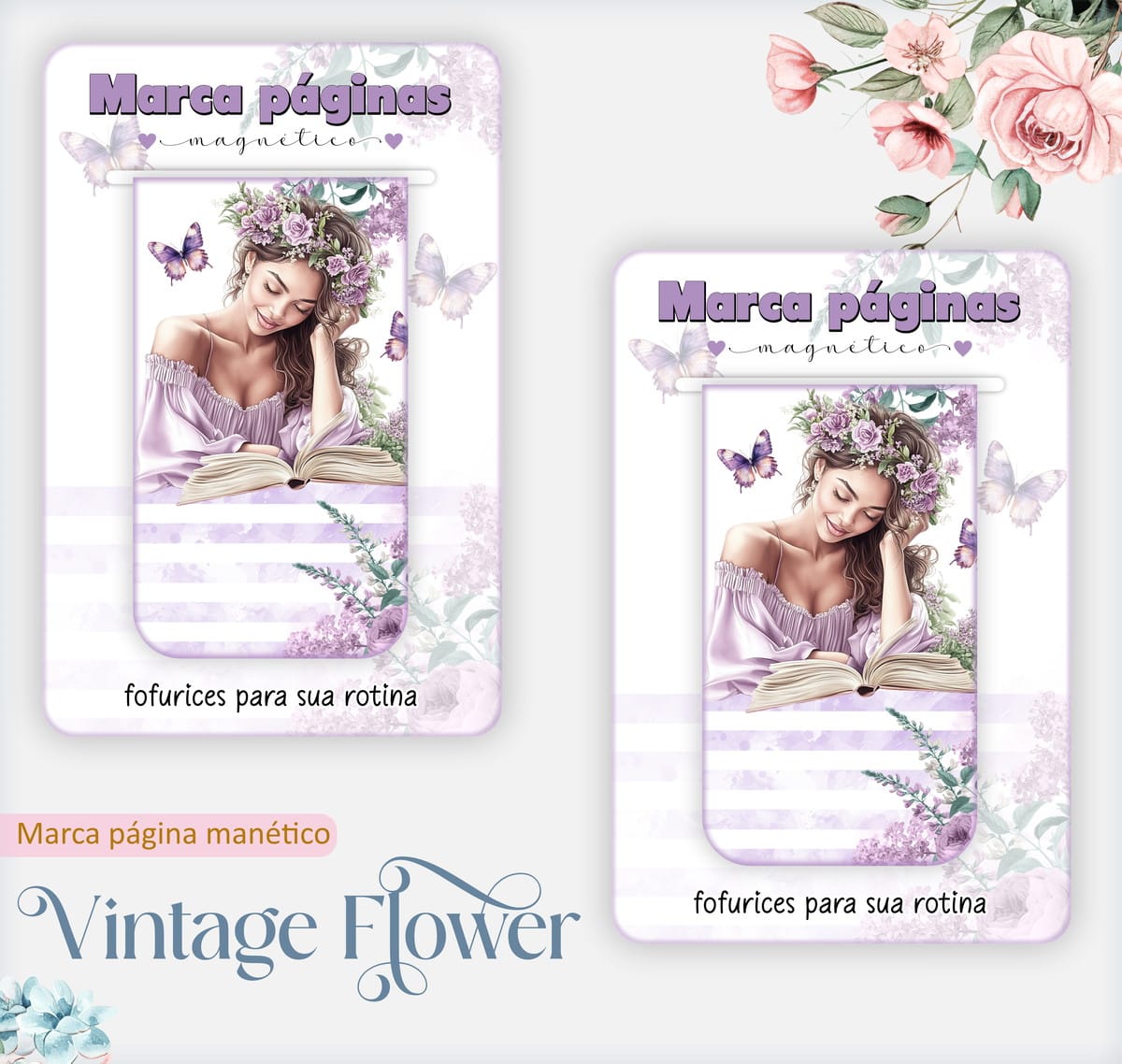 Kit Caderno Pautado Vintage Floral para Encadernação 4 Arte digital de marcadores de página magnéticos com ilustração de mulher lendo e flores roxas.
