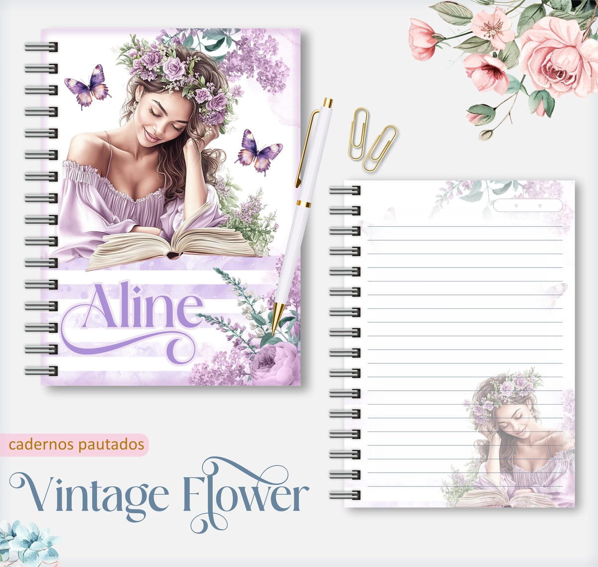 Kit Caderno Pautado Vintage Floral para Encadernação 1 Arte digital de designs para cadernos com mulher, flores lilás e borboletas.