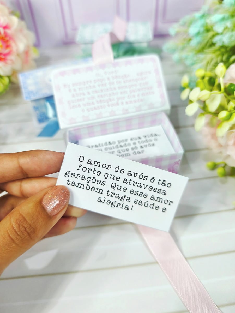 Kit Caixa de Benção Avós em PNG e DXF para Recorte 4 Mão segurando cartão com mensagem sobre amor de avós, caixa decorada ao fundo.