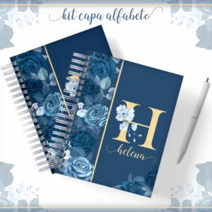 Kit Capa Alfabeto Floral - Arquivo Digital 31 Dois cadernos espiralados com capa azul estampada de rosas e uma caneta branca