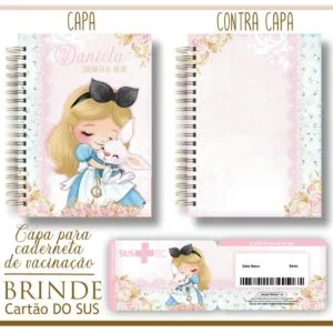 Capa e contracapa de caderno espiralado com ilustração de menina loira e coelho.