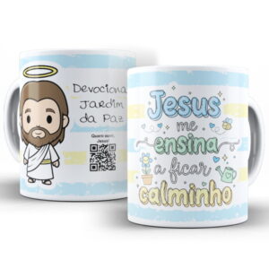 Arte digital para canecas com figura religiosa, QR code e frase "Jesus me ensina a ficar calminho".