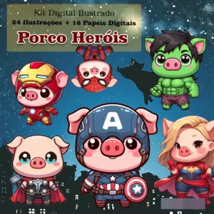 Kit Criativo Porcos Herois PNG para Papelaria e Scrapbooking