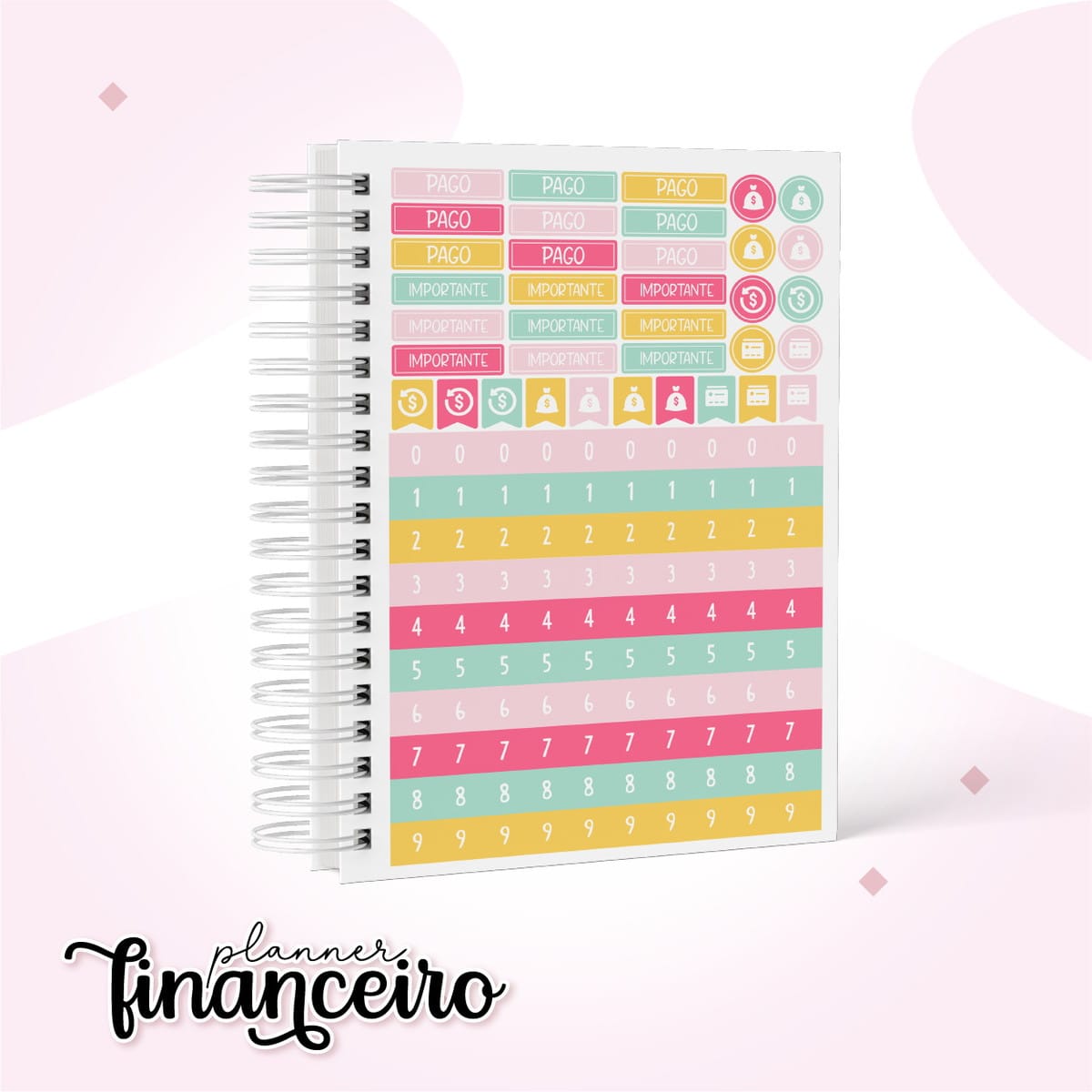 Kit de Adesivos para Planner Financeiro Arquivo Digital 1 Caderno espiral com folha repleta de adesivos coloridos e numerados.