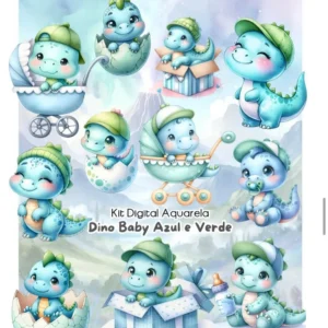 Kit de Arte Digital Dino Baby em Aquarela - PNG Perfeito