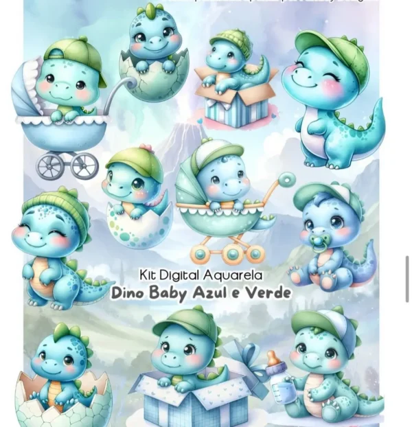 Kit de Arte Digital Dino Baby em Aquarela - PNG Perfeito