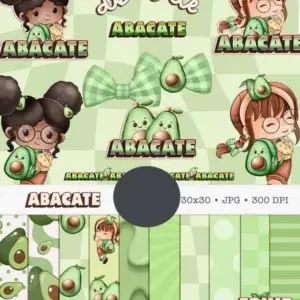 Kit de Ilustrações Aquarela Boneca e Frutas Abacate PNG
