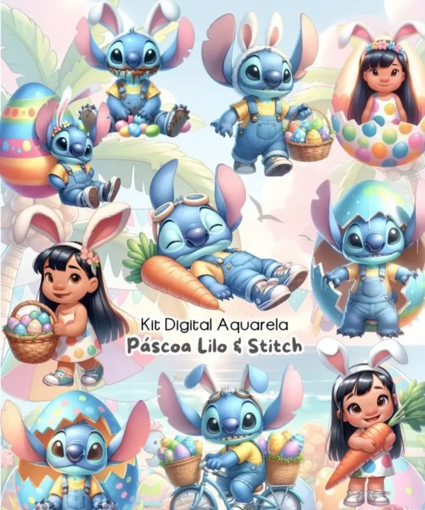 Kit de Páscoa com Stitch em PNG para Criativos