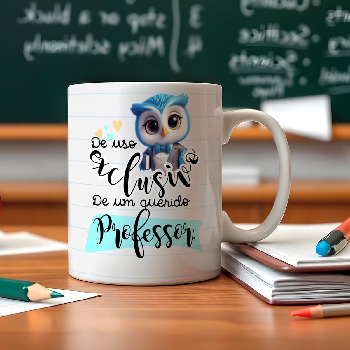 Kit de Sublimação Dia dos Professores com 40 Artes 4 Caneca branca estampada com uma coruja e frase sobre professor em uma mesa.