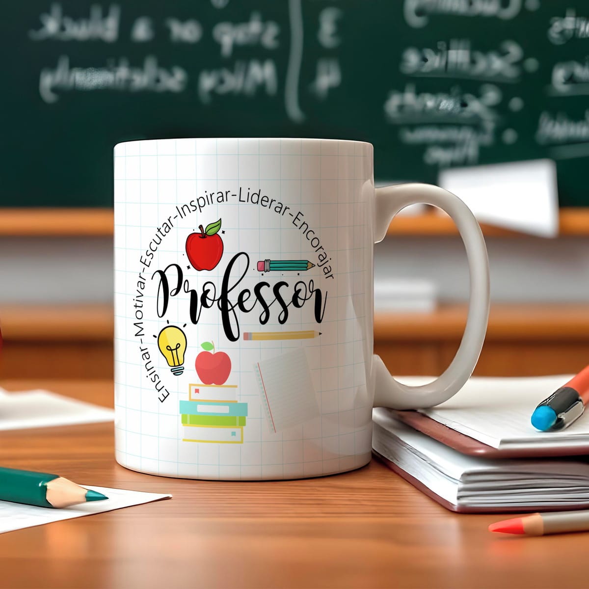 Kit de Sublimação Dia dos Professores com 40 Artes 5 Caneca branca com estampa escolar sobre mesa de madeira com cadernos e lápis.