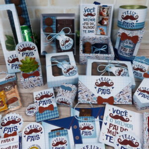 Variados designs de papelaria para o Dia dos Pais, com bigodes e mensagens em azul.