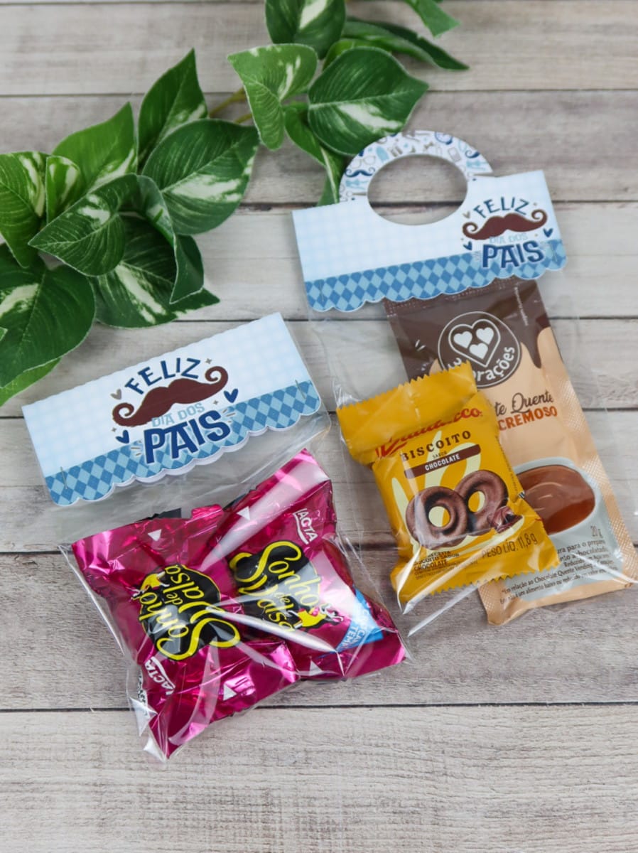 Kit Dia dos Pais Silhouette Studio para corte e edição 5 Duas embalagens de doces com toppers decorativos de Dia dos Pais, sobre madeira e folhagem.