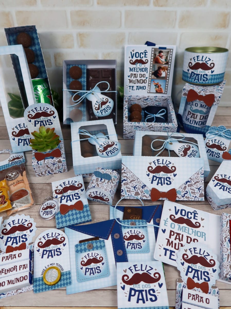 Kit Dia dos Pais Silhouette Studio para corte e edição 1 Variados designs de papelaria para o Dia dos Pais, com bigodes e mensagens em azul.