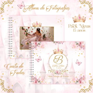 Arte digital de álbum rosa com tema de conto de fadas e castelo.