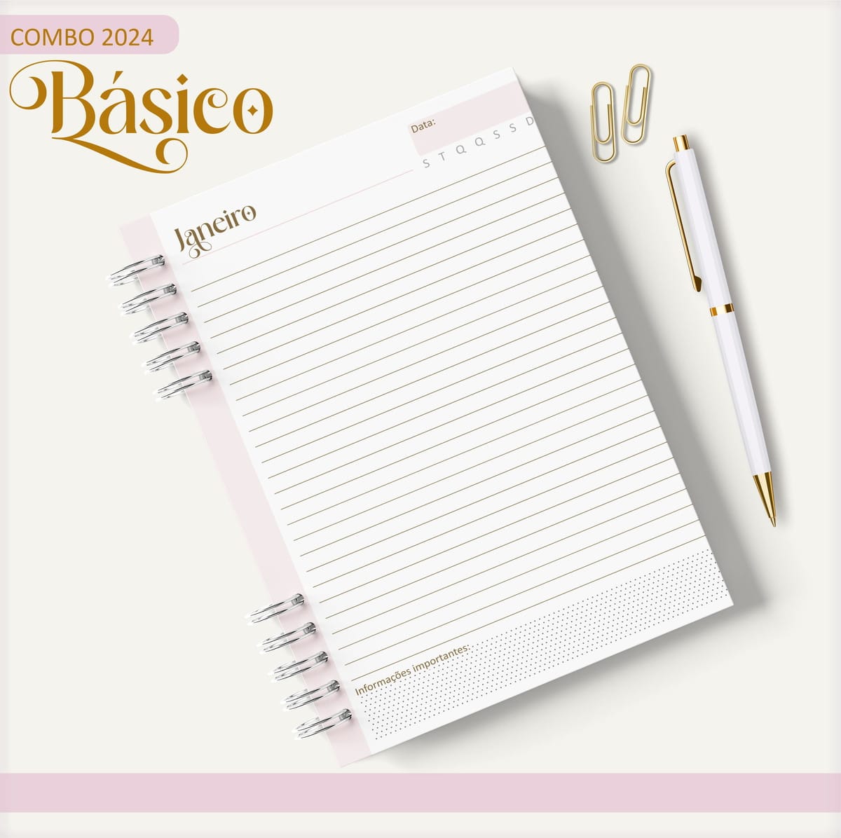 Kit Digital Agenda 2024 Listras para Encadernação 2 Caderno espiral aberto com página pautada e caneta branca sobre superfície clara.