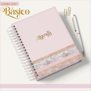 Agenda rosa com espiral, caneta branca e clipes dourados sobre fundo claro.