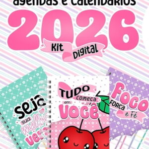 Arte digital com capas de agendas e calendários para o ano de 2026.
