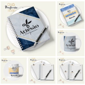 Cadernos e canecas personalizados com temas profissionais exibidos em fundo branco.