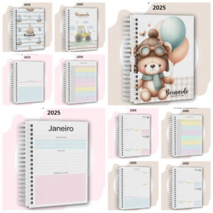 Arte digital de várias agendas escolares 2025 com capas e layouts internos diversos.