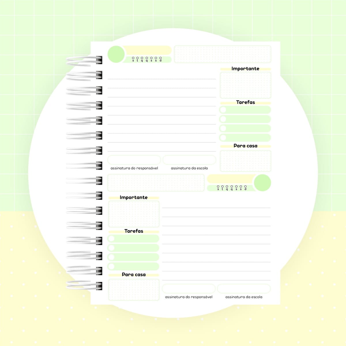 Kit Digital Agenda Escolar com 115 Capas e Miolos A5 e A6 2 Página de planner digital com seções para tarefas, notas importantes e assinaturas.