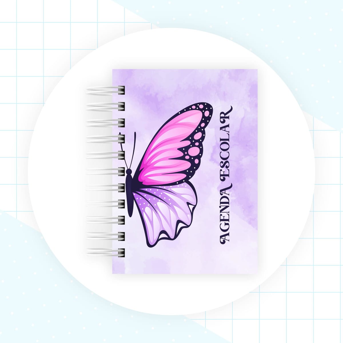 Kit Digital Agenda Escolar com 115 Capas e Miolos A5 e A6 3 Agenda escolar digital com capa lilás aquarelada, borboleta rosa e roxa, encadernação espiral branca.