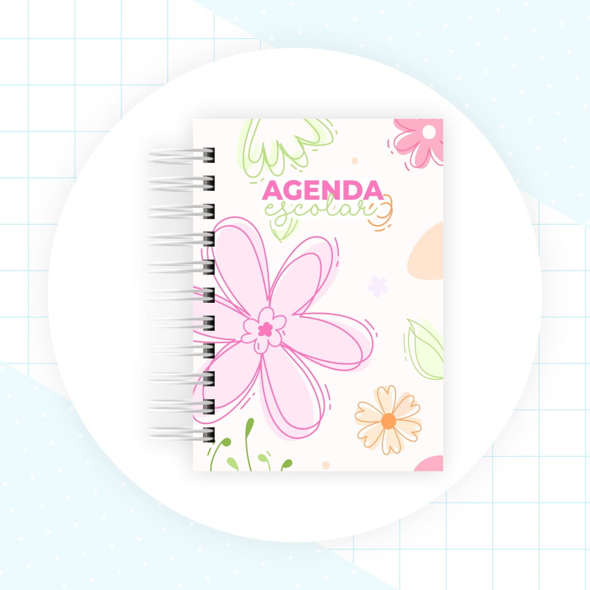 Kit Digital Agenda Escolar com 115 Capas e Miolos A5 e A6 4 Imagem digital de uma agenda escolar em espiral com design floral.
