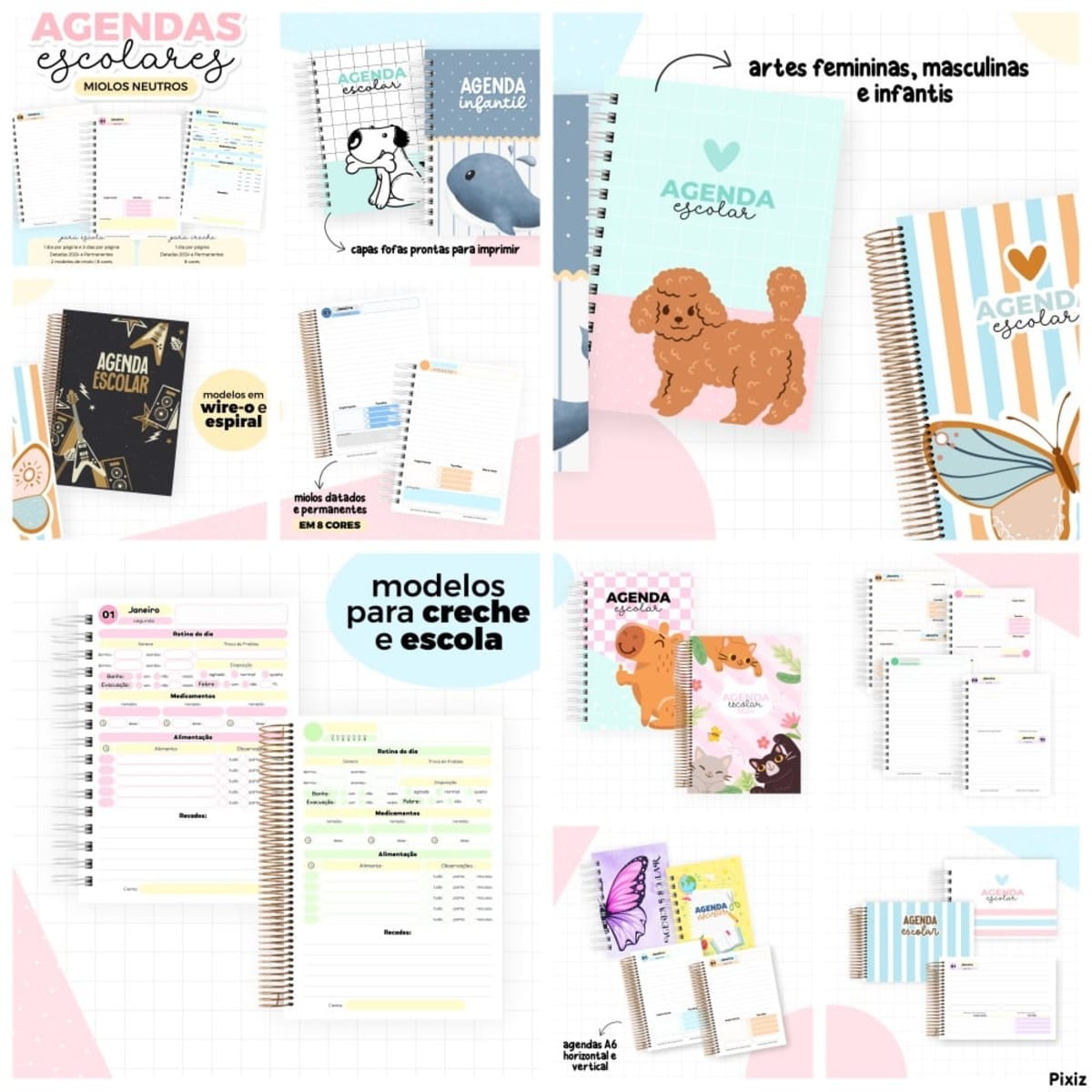 Kit Digital Agenda Escolar com 115 Capas e Miolos A5 e A6 1 Várias agendas escolares com capas variadas e modelos de miolos internos coloridos e neutros.