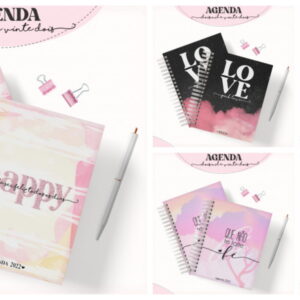 Várias agendas espiraladas com capas decoradas, caneta e clipes sobre fundo branco.