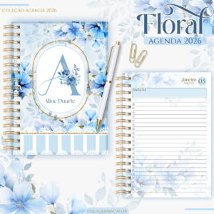 kit digital agenda floral azul 2026 com miolo e caneca