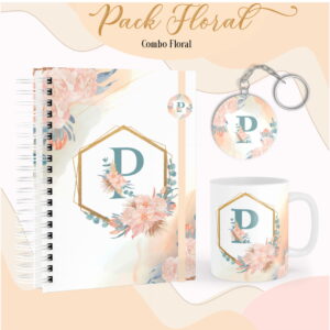 Caderno, caneca e chaveiro personalizados com estampa floral e letra monograma.
