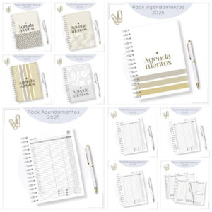 Apresentação visual com múltiplos modelos de agendas, cadernos e páginas internas.