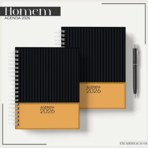 Duas agendas digitais com capas pretas e douradas, texto "AGENDA 2026", e uma caneta.