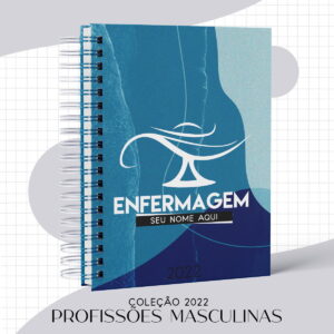 Arte digital de agenda azul com símbolo de enfermagem, ano e textos explicativos.