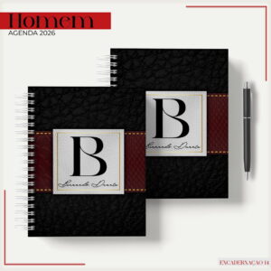 Duas agendas digitais com capa preta, faixa vermelha e inicial "B".