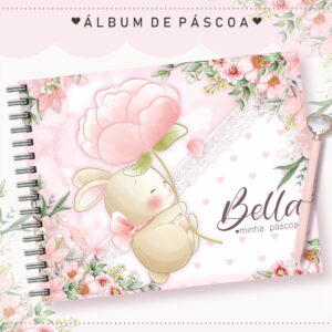Capa de álbum em espiral com ilustração de coelho e flores rosas.