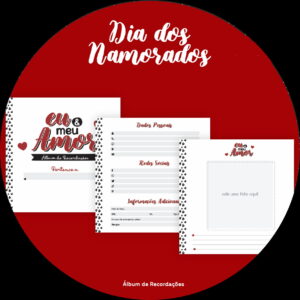 Arte digital com tema romântico mostrando páginas de um álbum com corações