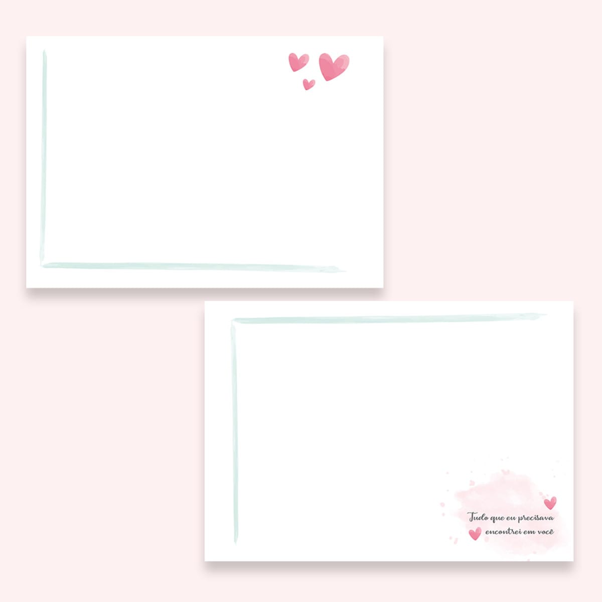 Kit Digital Álbum Dia dos Namorados para Imprimir 3 Duas artes digitais de cartões com bordas em aquarela e corações rosa, uma com frase romântica.