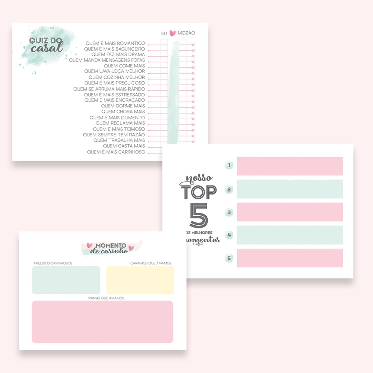 Kit Digital Álbum Dia dos Namorados para Imprimir 4 Três modelos digitais para casais: quiz, top 5 e momento carinho.