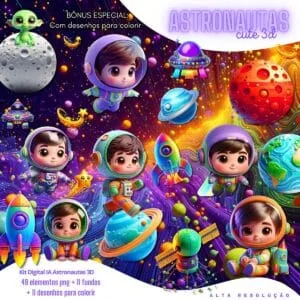 Ilustrações de astronautas infantis em estilo 3d sobre fundo colorido do espaço cósmico.