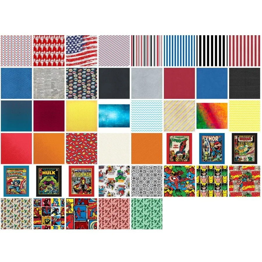Coleção de estampas variadas com padrões geométricos e personagens de quadrinhos coloridos.