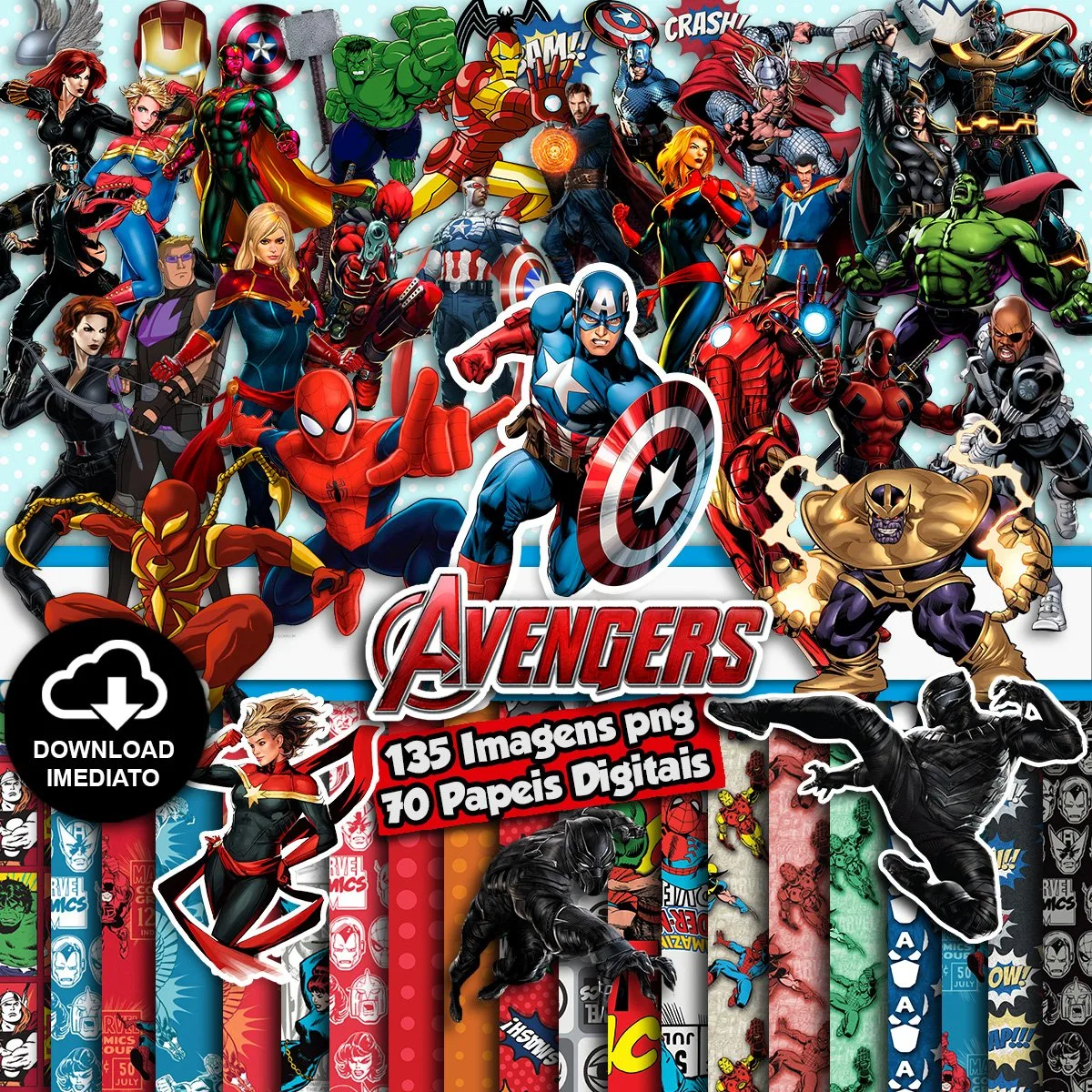Coleção de imagens de super-heróis e padrões digitais coloridos.