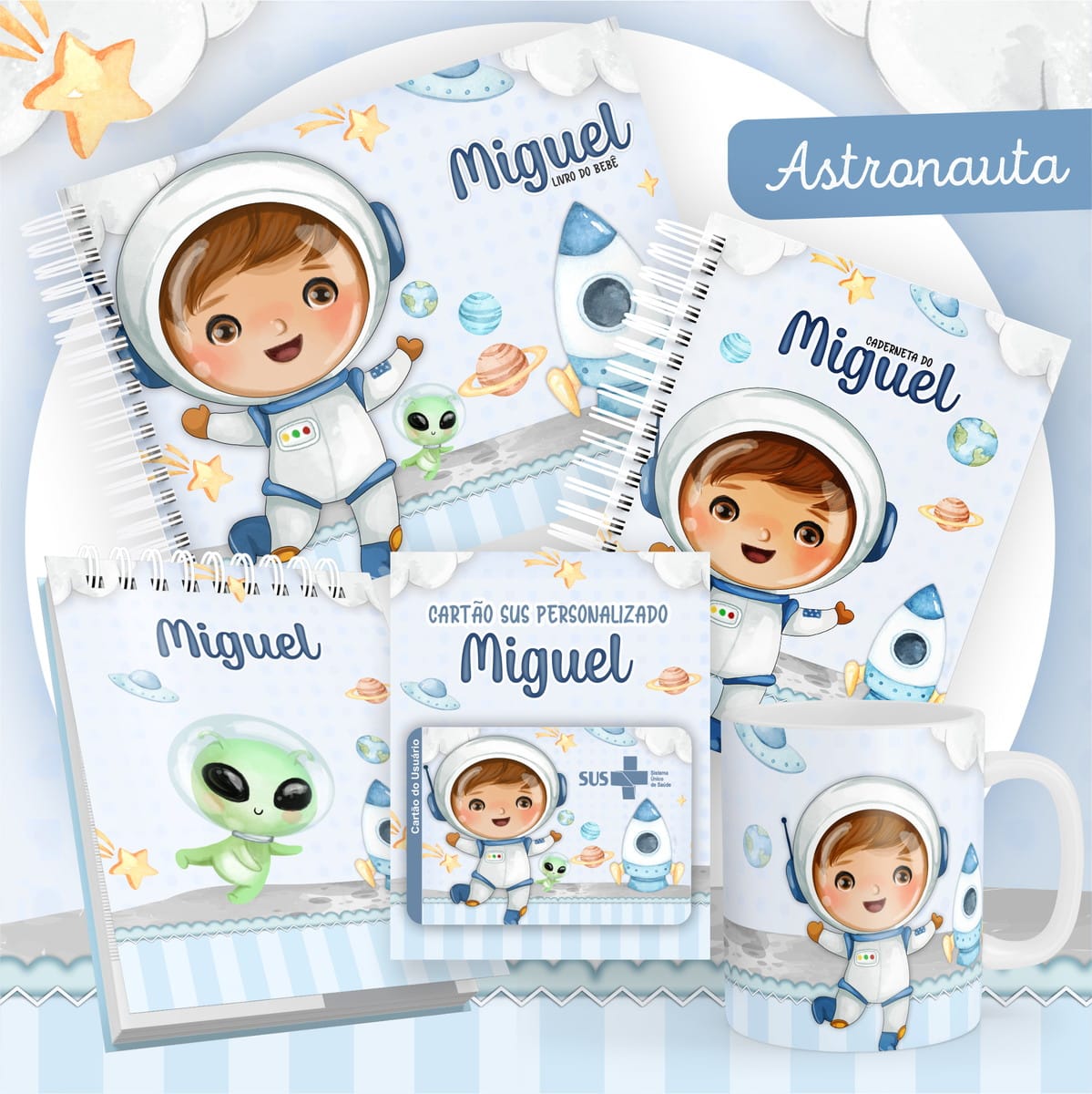Kit Digital Bebê Astronauta Aquarela para Encadernação 1 Kit Digital Bebê Astronauta Aquarela para Encadernação