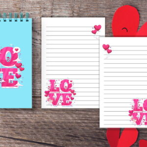 Arte digital de caderno e folhas de papel com tema 'LOVE' e corações vermelhos.